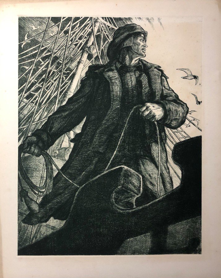Володимир Новиковський, Робота рибалки. Офорт. Серія "Трудівники Чорномор'я" 1965 рік. Розмір аркуша: 60 х 75 см, розмір відбитка: 48.5 х 63.5 см.