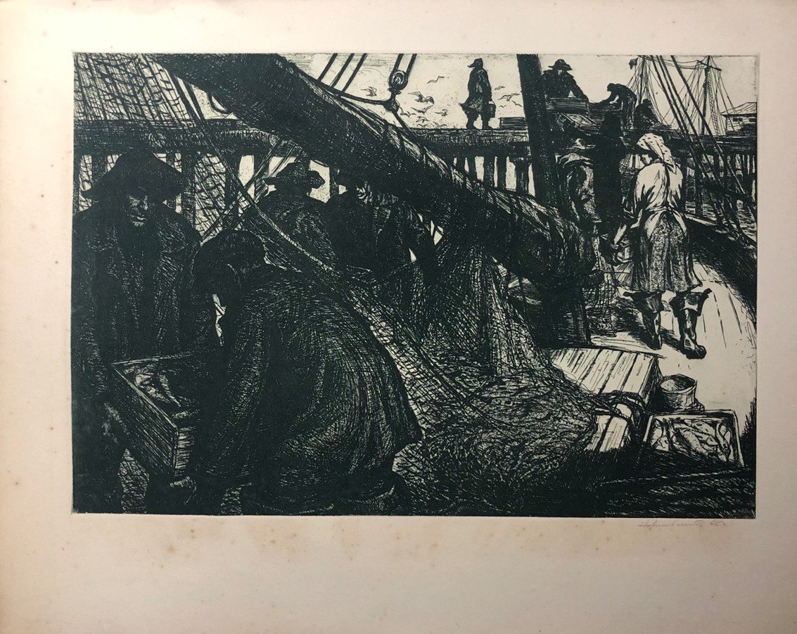 Володимир Новиковський, Рибалки з уловом. Офорт. Серія "Трудівники Чорномор'я" 1965 рік. Розмір аркуша: 75 х 60 см, розмір відбитка: 63 х 43 см.